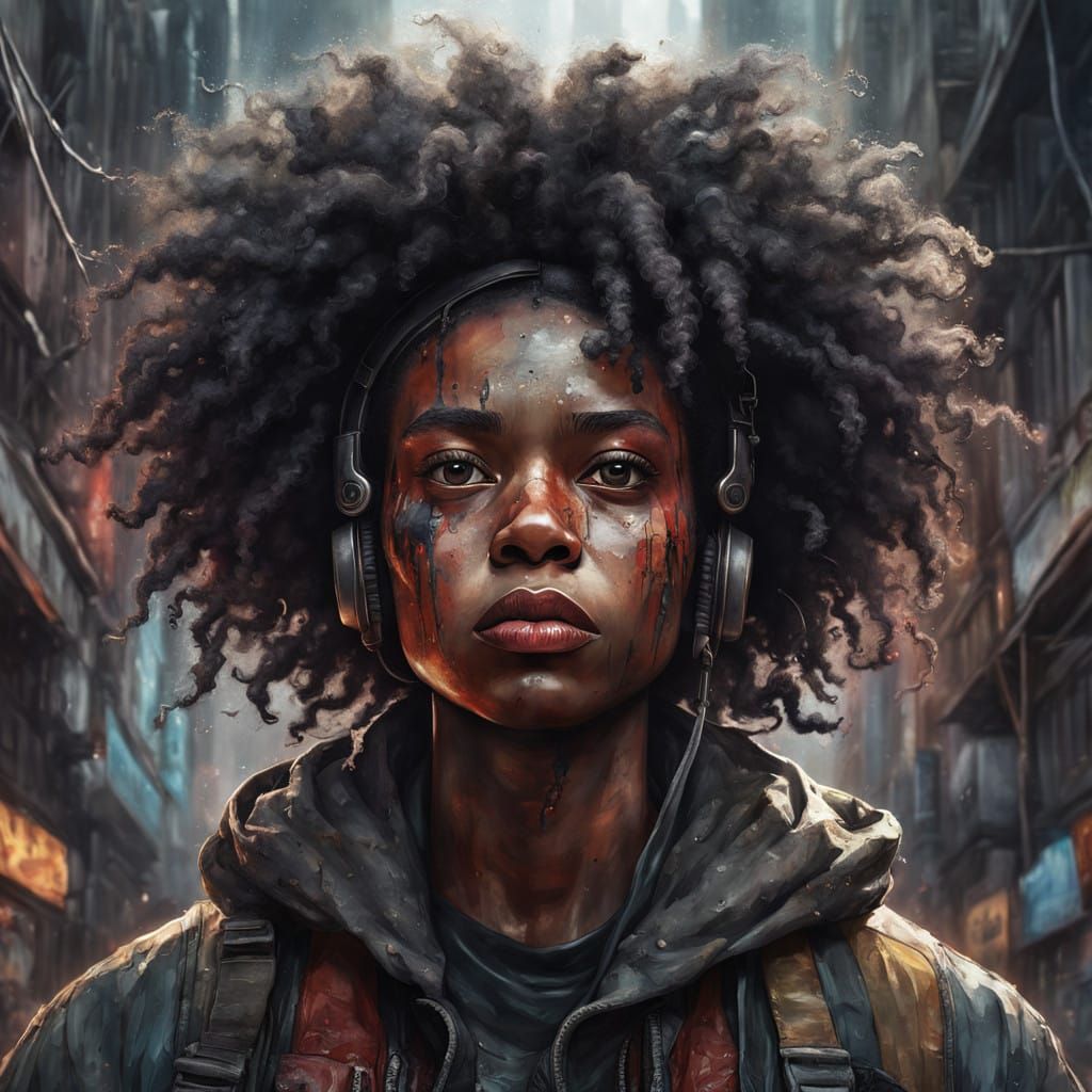 SASHA AFRO-HAIR  headed beautifully insane well polished black africanWOMAN with DESPAIR eyes in his stare Kelly Freas a...