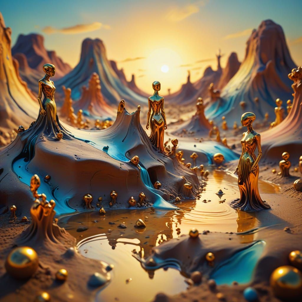 Surreal Clay Landscape with Miniature Figures in Oil