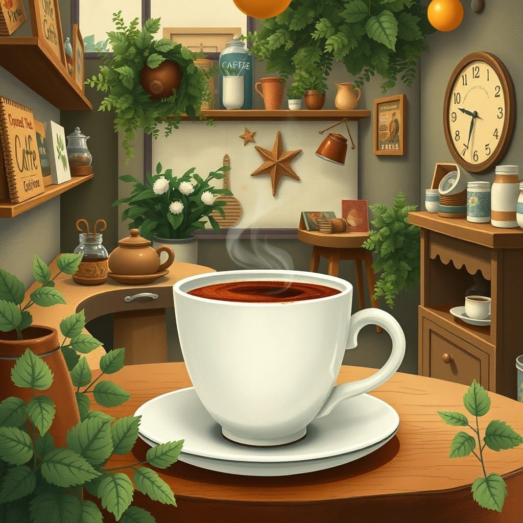 Whimsical Coffee Shop Scene in Earthy Watercolor Style