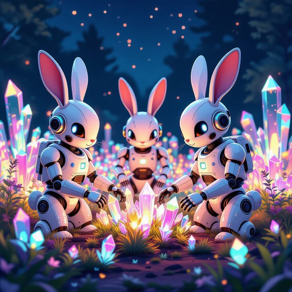 Whimsical Rabbits Robots Tend Bioluminescent Crystal Garden