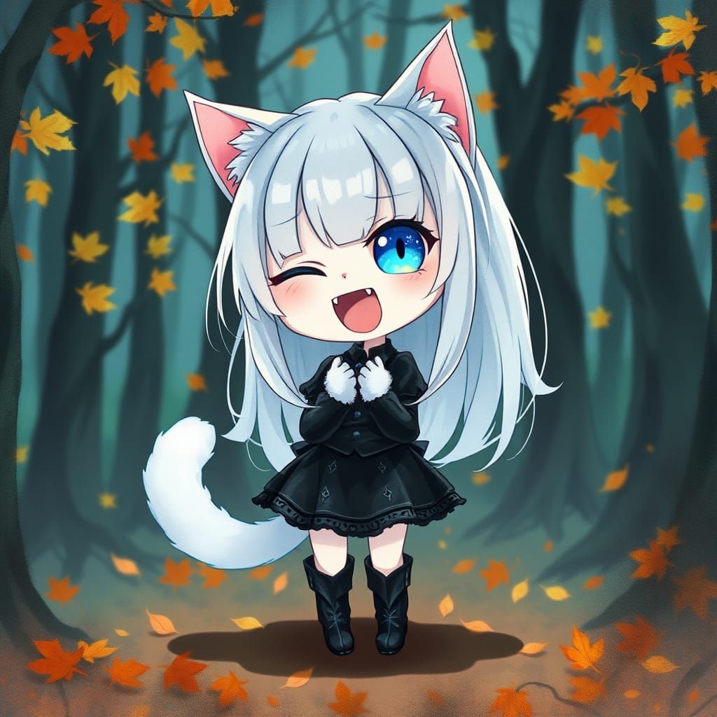 Cute Ghost Catgirl in Haunted Autumn Woods