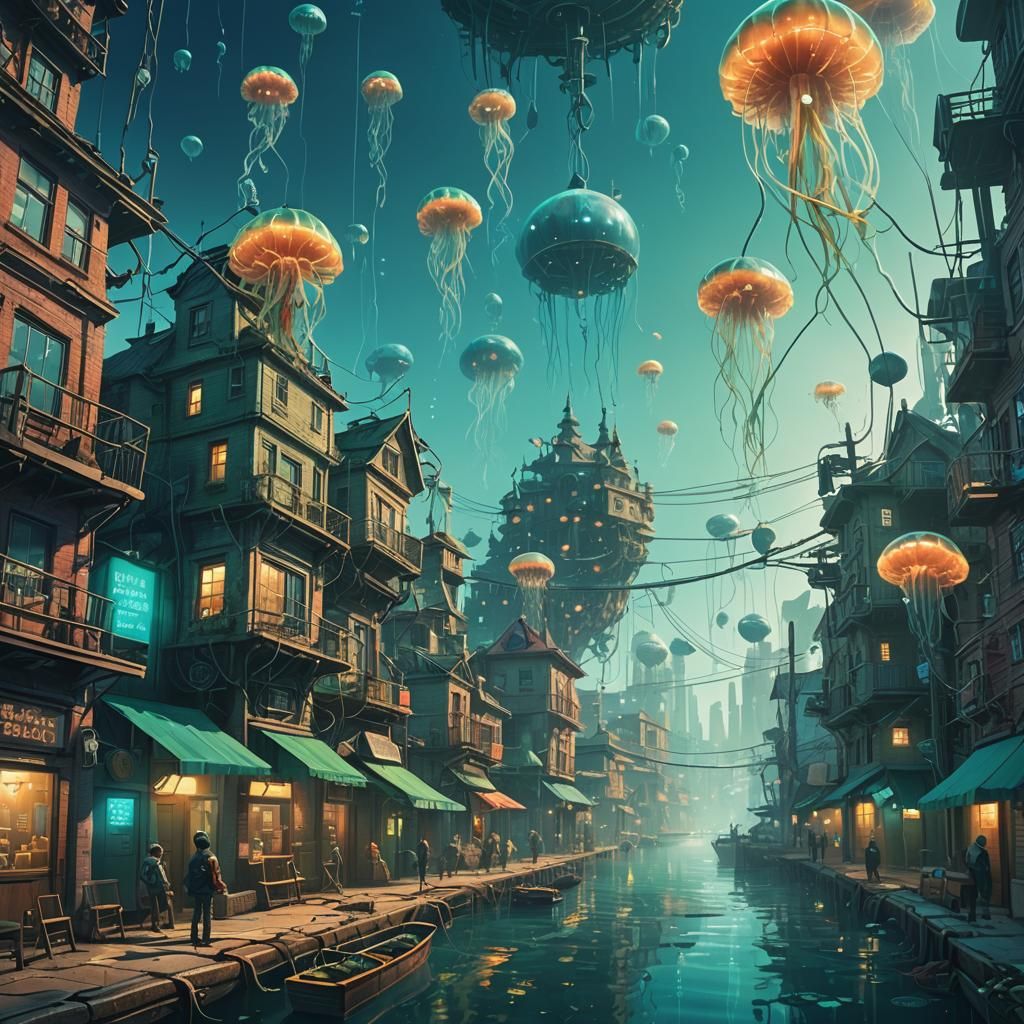 Spectacular Underwater City with Bioluminescent Lighting