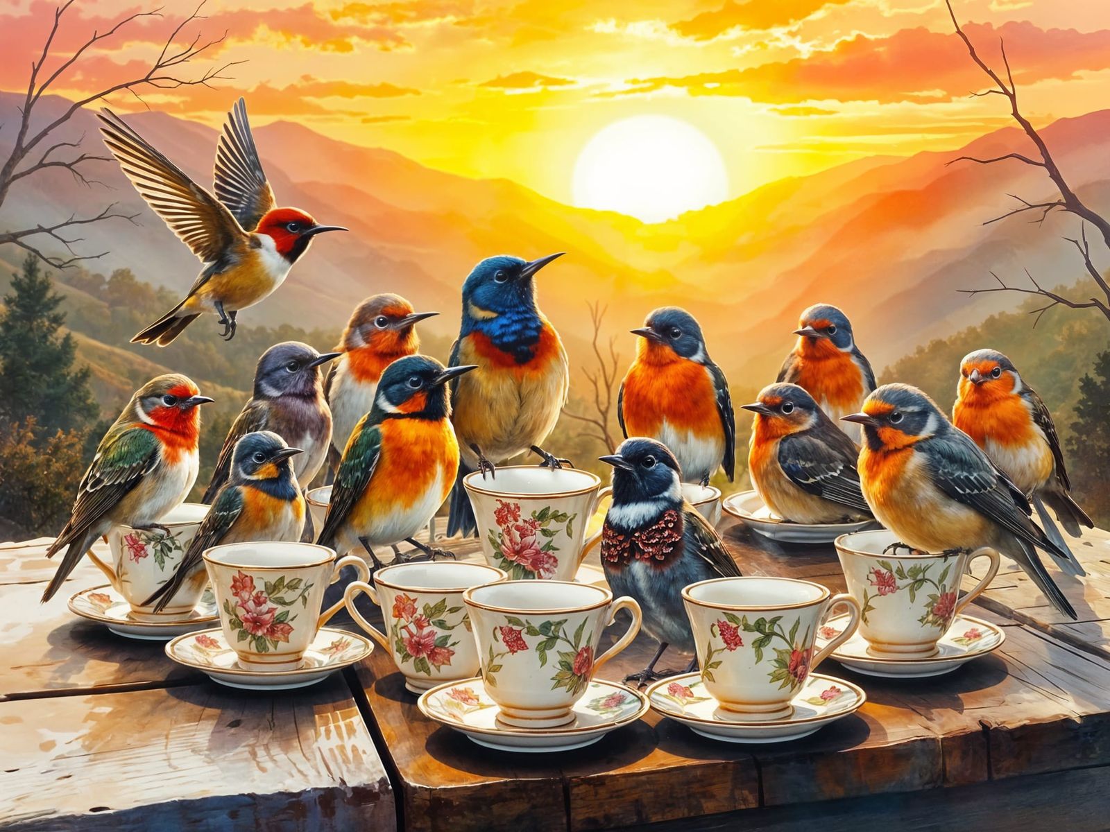 Birds' Sunrise Meeting: Impressionistic Watercolor Painting