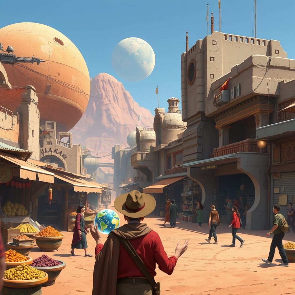 Desert Planet Marketplace with Alien Artifacts and Glowing O...