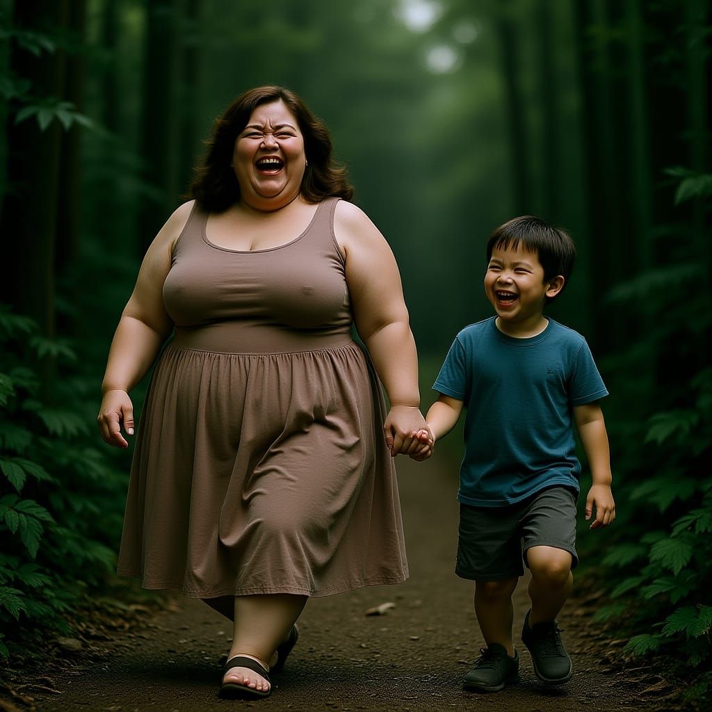 Woman and Boy Laughing in Rainforest, Cinematic Photography