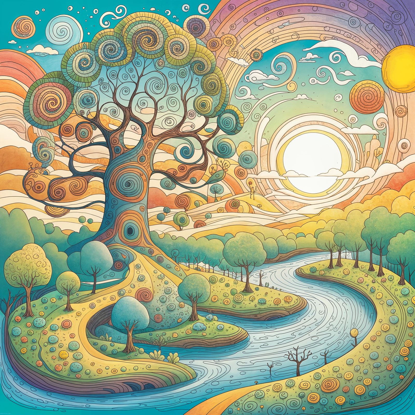 Whimsical Doodle Landscape with Spiraled Trees