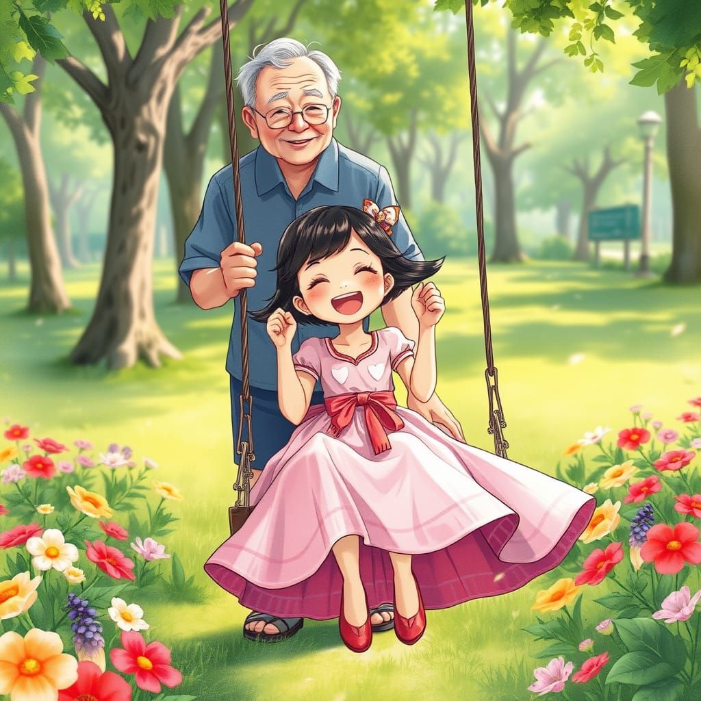 Happy Girl on Swing in Lush Park, Anime Style