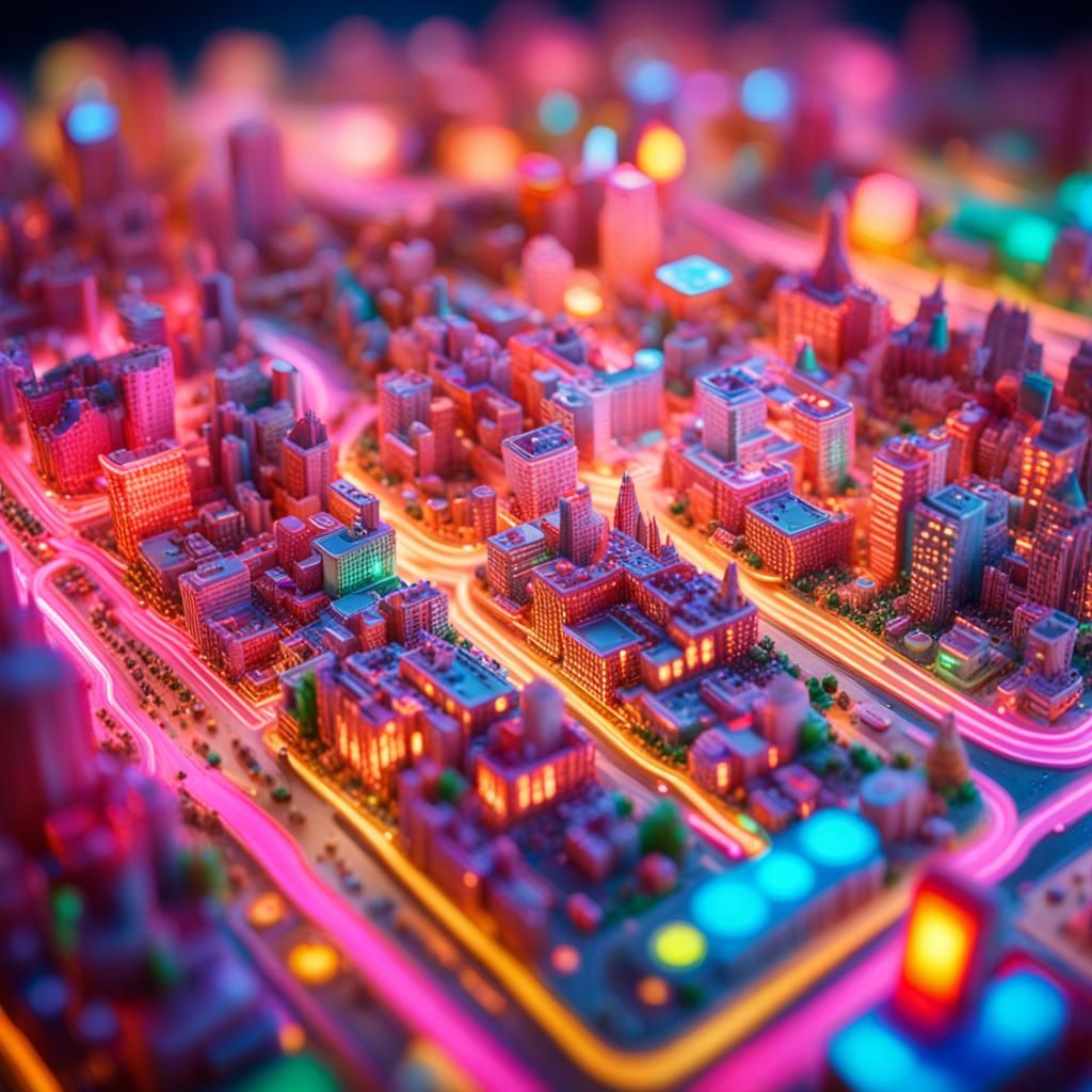 Neon Tartarian City in Tilt-Shift Candy Art