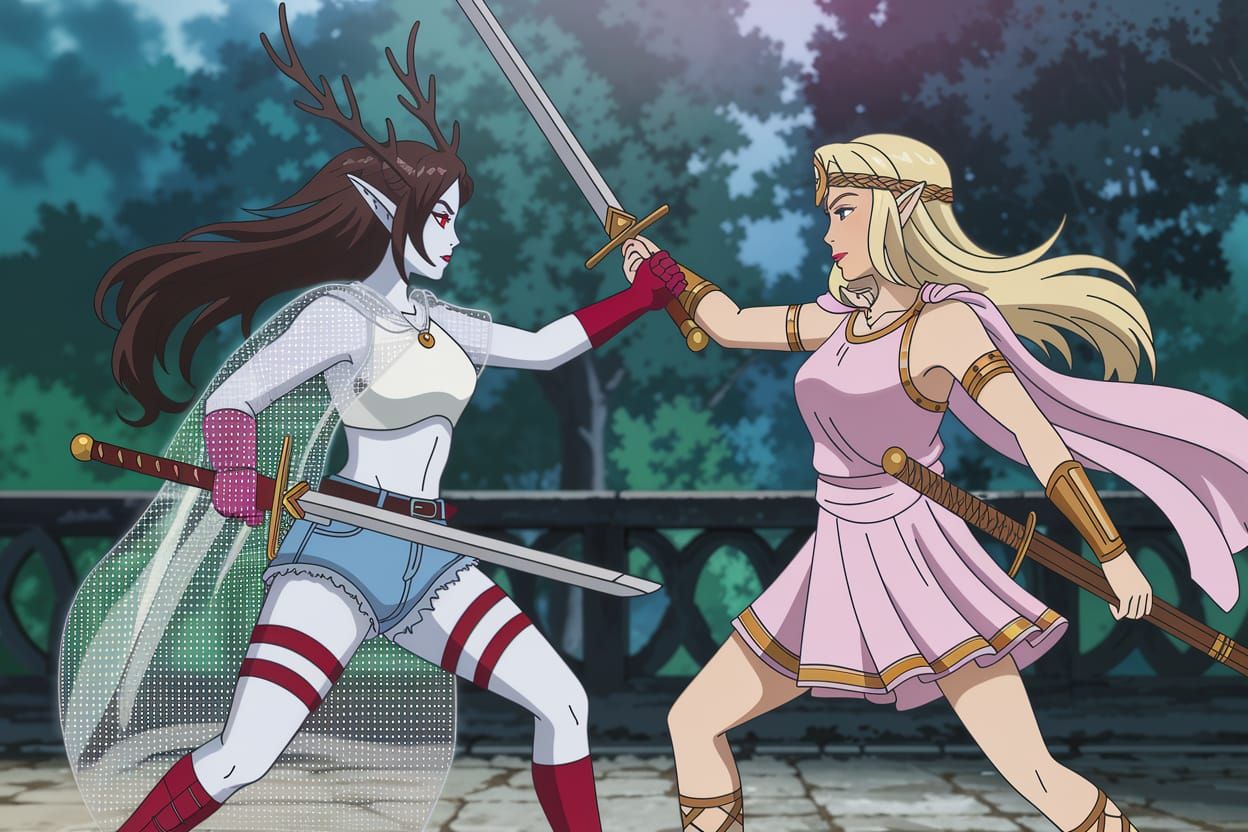 Epic Sword Duel: Elf vs. Greek Goddess