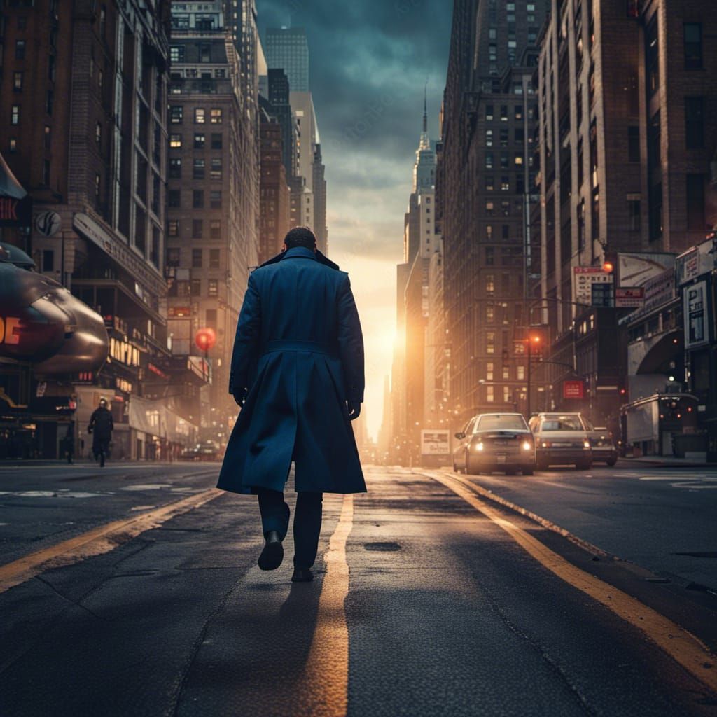 Man in Police Uniform Walking in New York at Sunrise