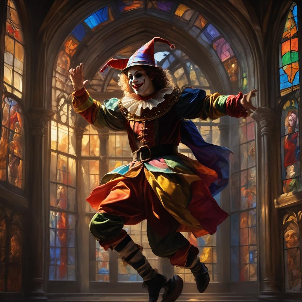 Vibrant, expressive oil painting style of a jester in a medieval great hall