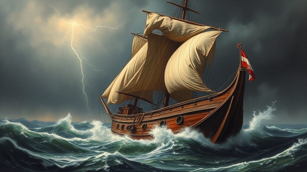 Ship Defies Stormy Sea in American Realism Style