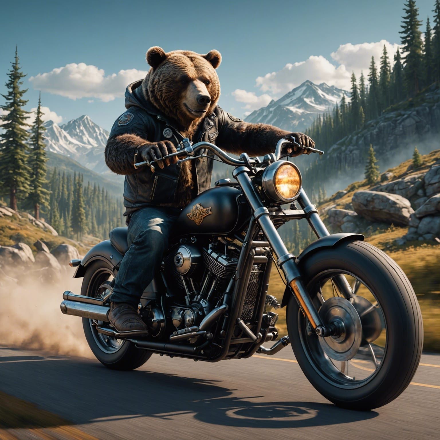 Bear Biker on Chopper Motorcycle: Detailed Matte Painting