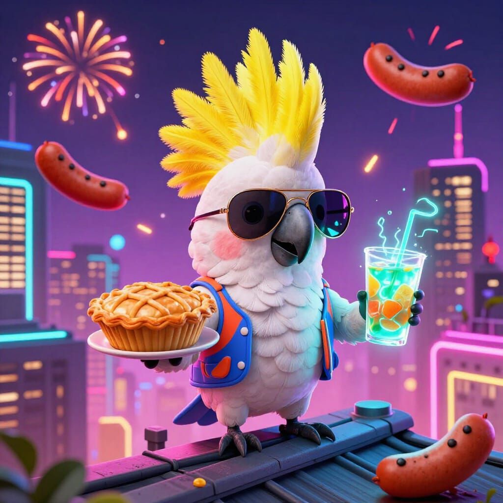 Absurd Cockatoo with Mohawk on Rooftop in Neon City