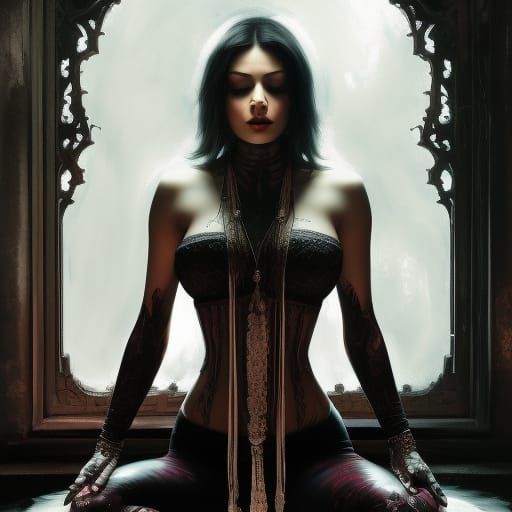 Gothic Woman Meditating in Hyperdetailed Victorian Style