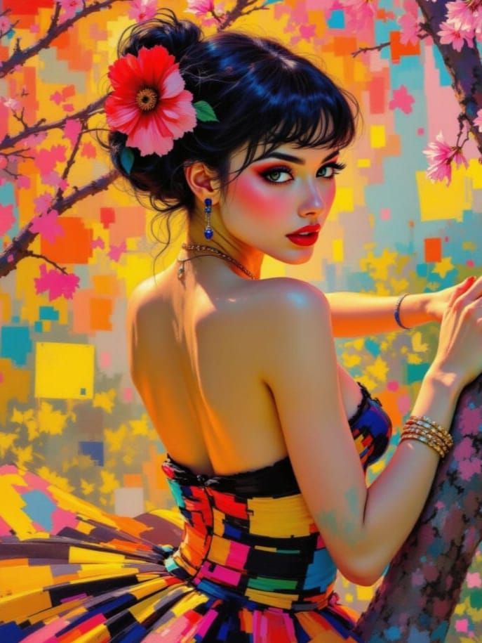 Abstract Pin-Up Figure with Geometric Garden Elements