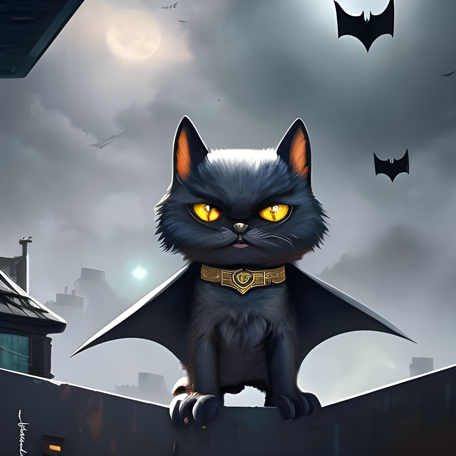 Grumpy Cute Bat-Cat on Rooftop: Digital Art