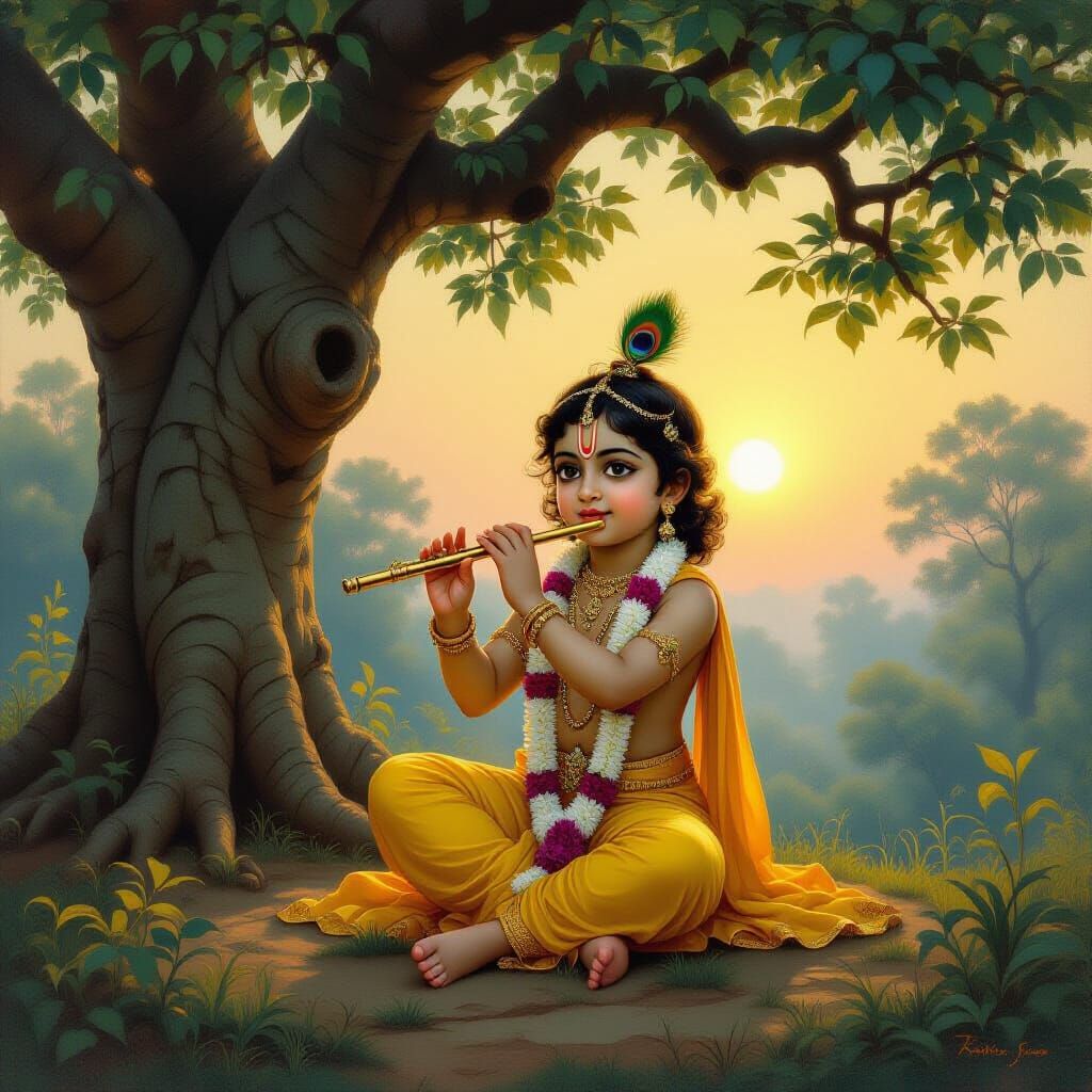 Little Krishna Playing Flute Under Kadam Tree