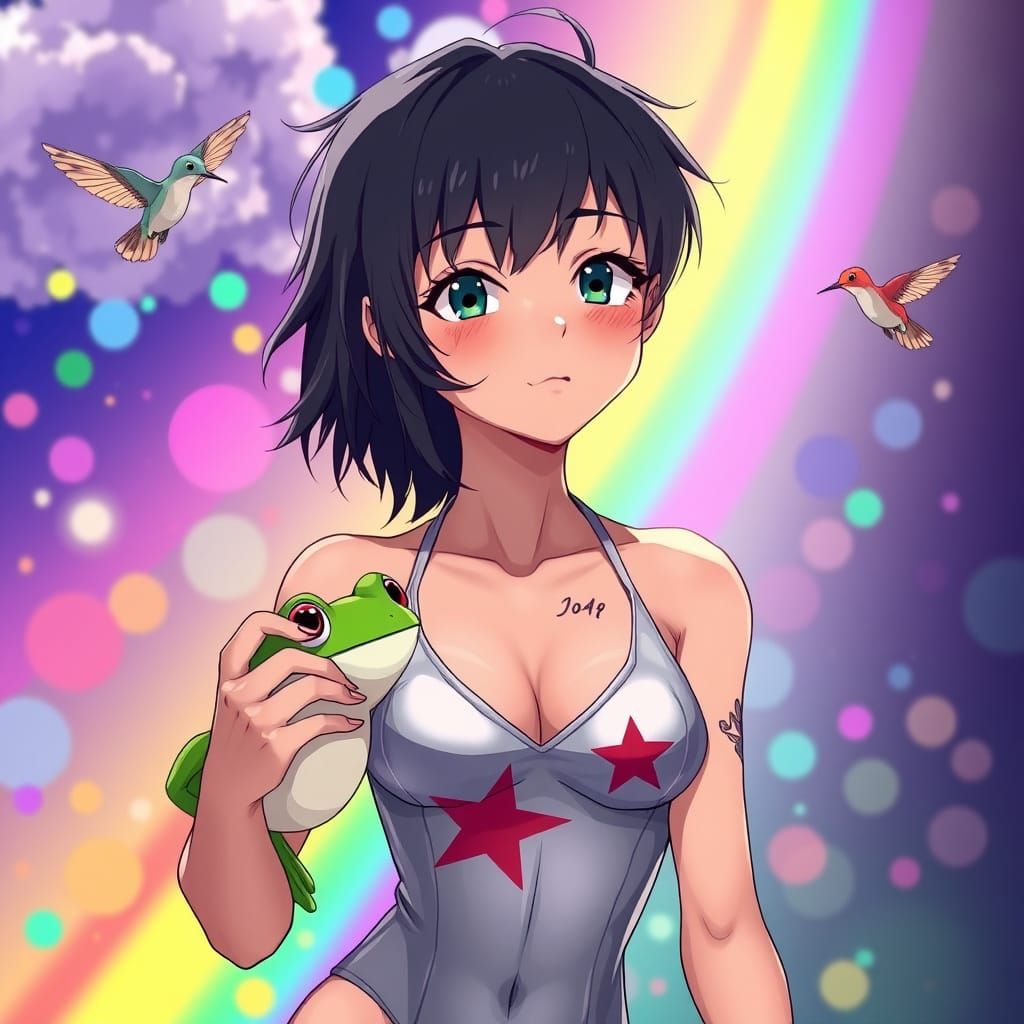 Vibrant Anime Girl in Swimsuit with Frog and Hummingbirds