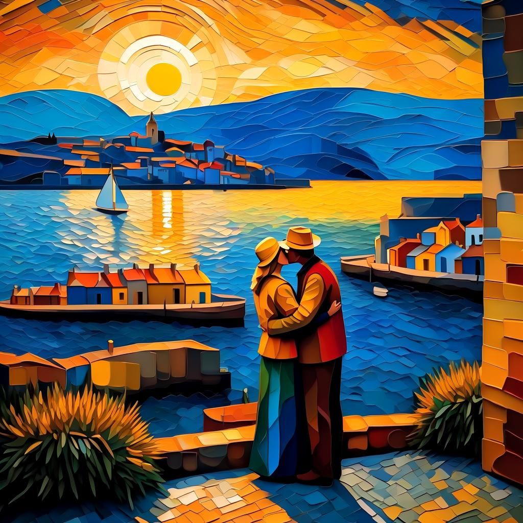 Romantic Sunset Kiss in Cubist Van Gogh Style