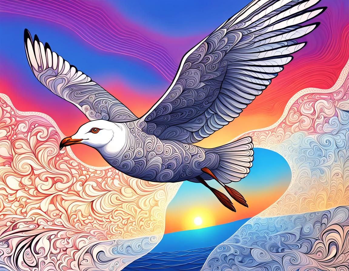 Seagull Sunset with Abstract Fractal Elements