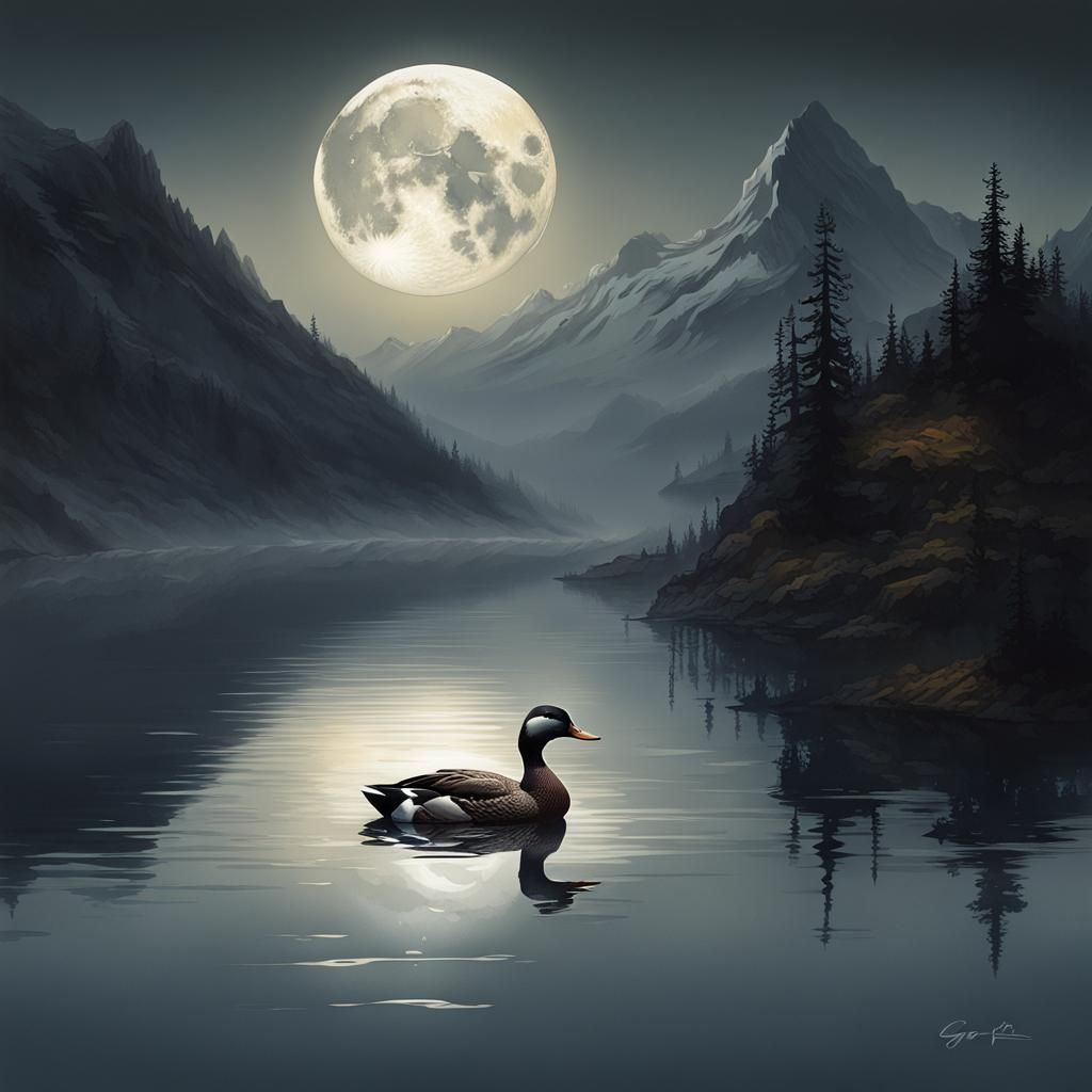 Sinister Duck on Misty Mountain Lake
