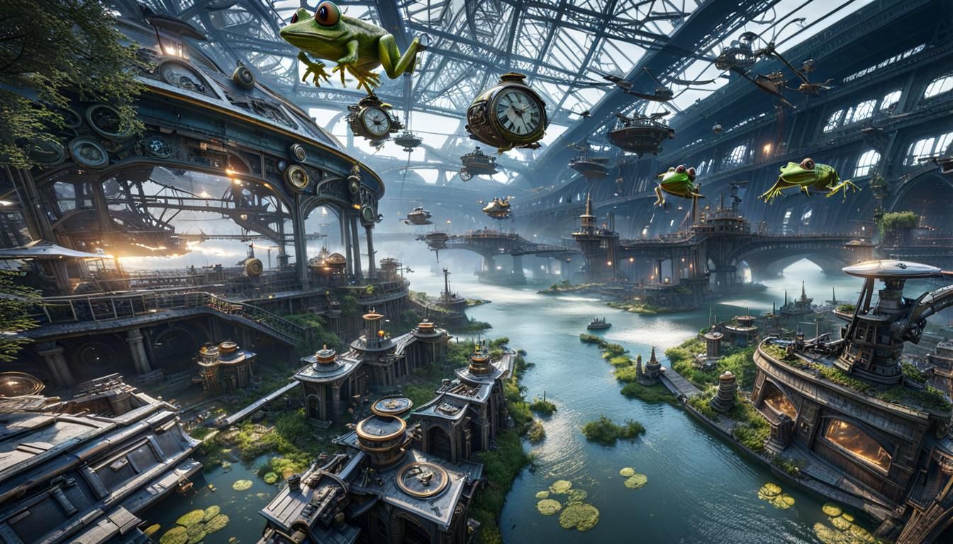 Winged Frog Over Clockpunk Wasteland, Hyperrealistic Renderi...