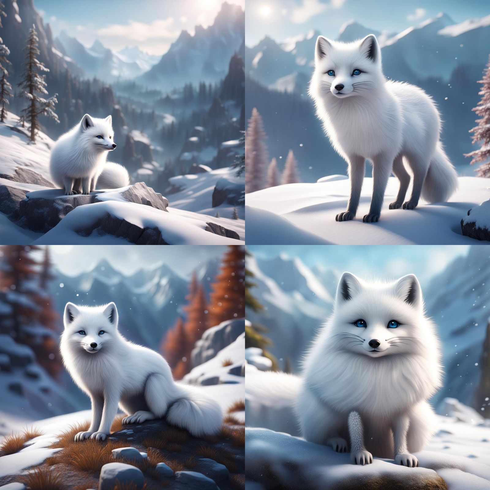 Arctic Fox in Snowy Mountains, Digital Painting