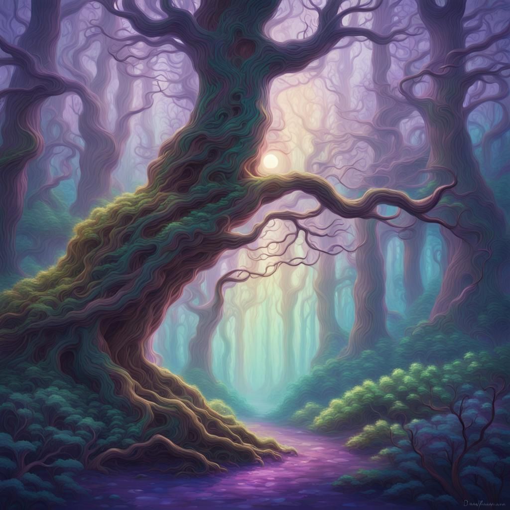Enchanted Forest Landscape with Glowing Orbs
