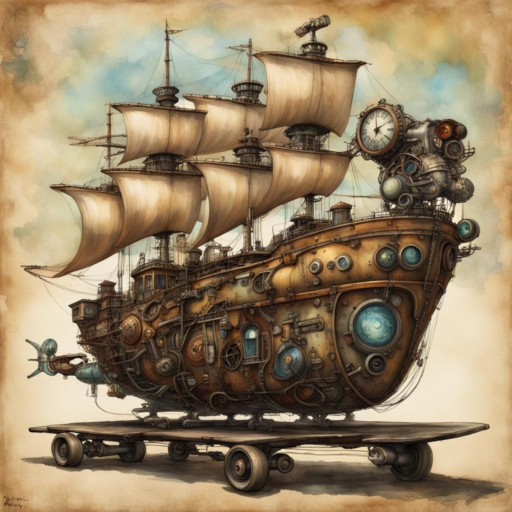 Steampunk Ship on Skateboard