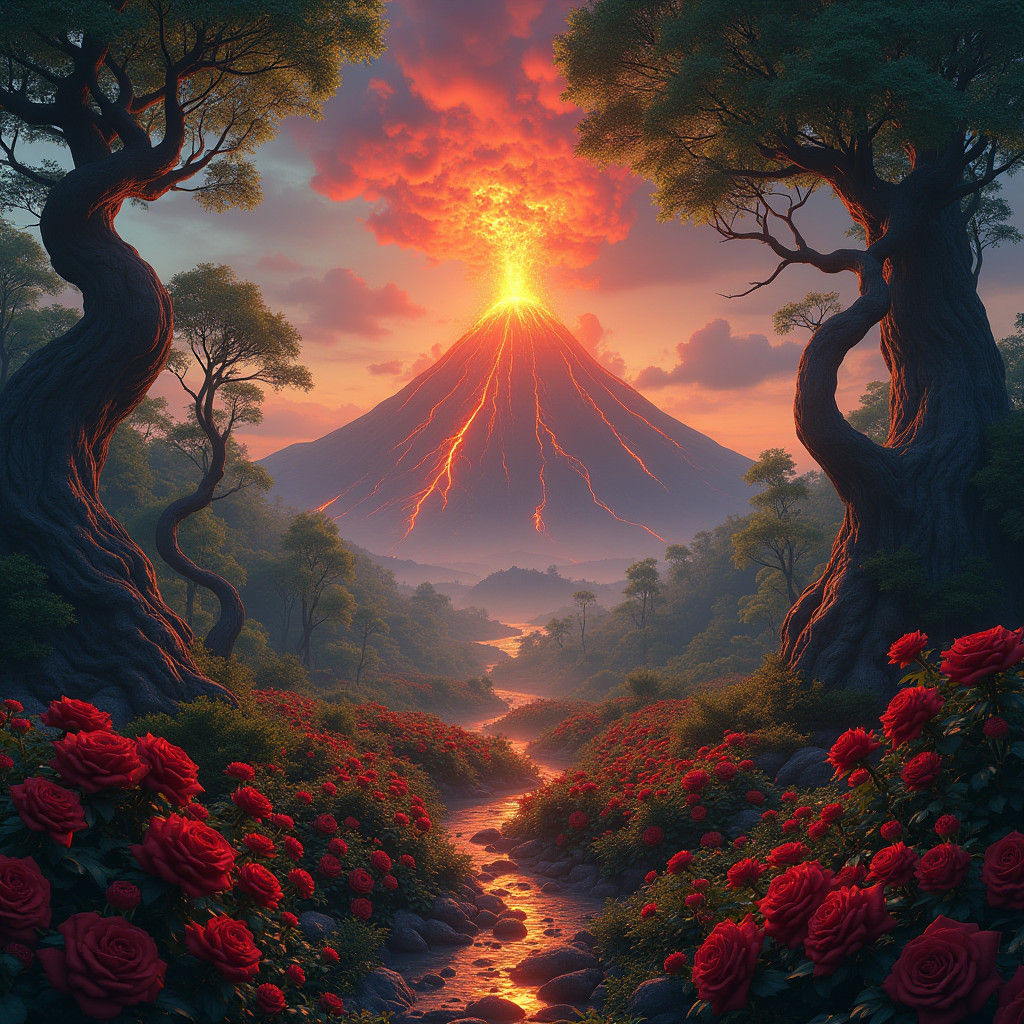 Volcano Eruption with Roses in Fantasy Landscape