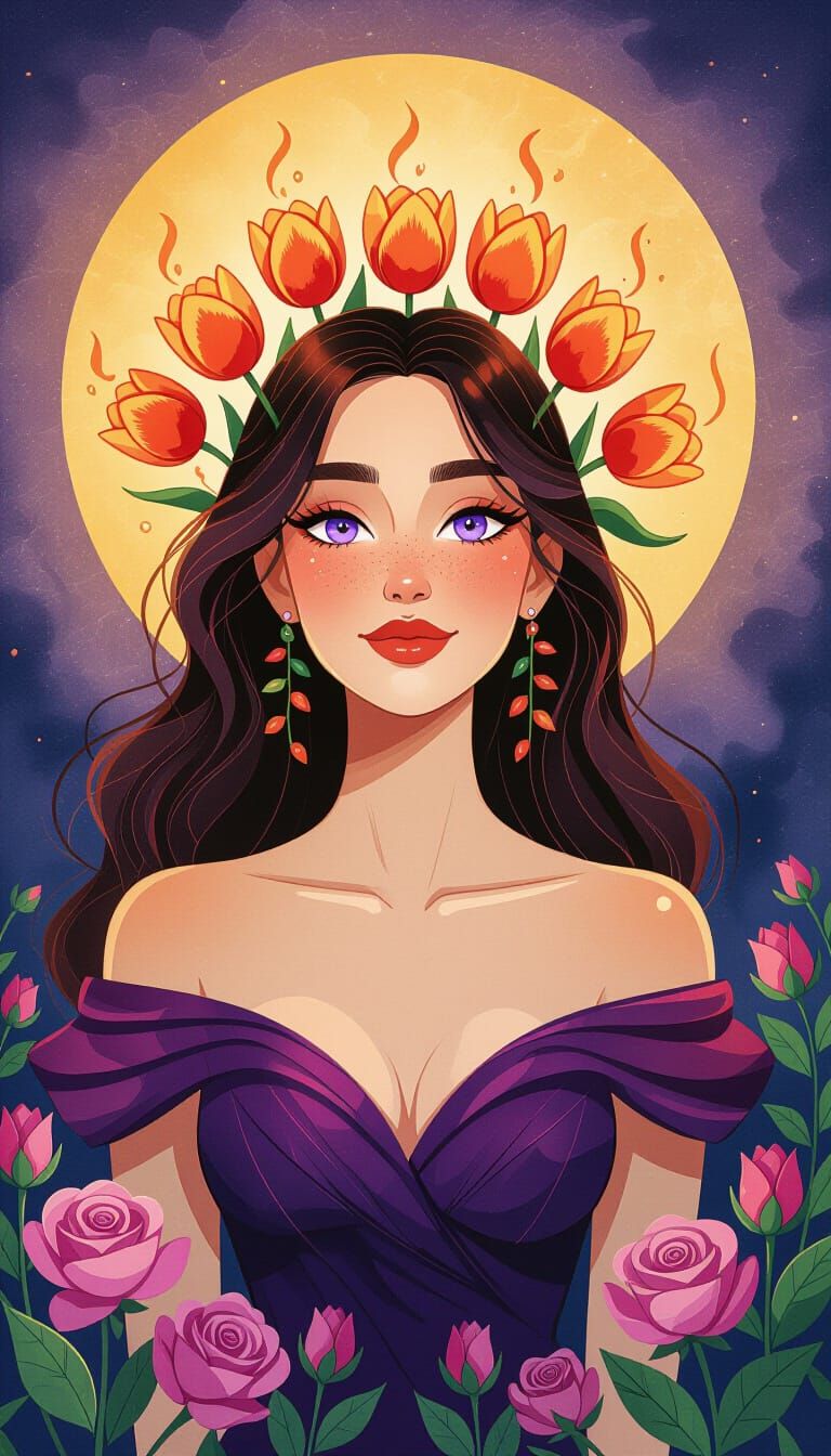 Radiant Woman with Tulips in Alcohol Ink Style