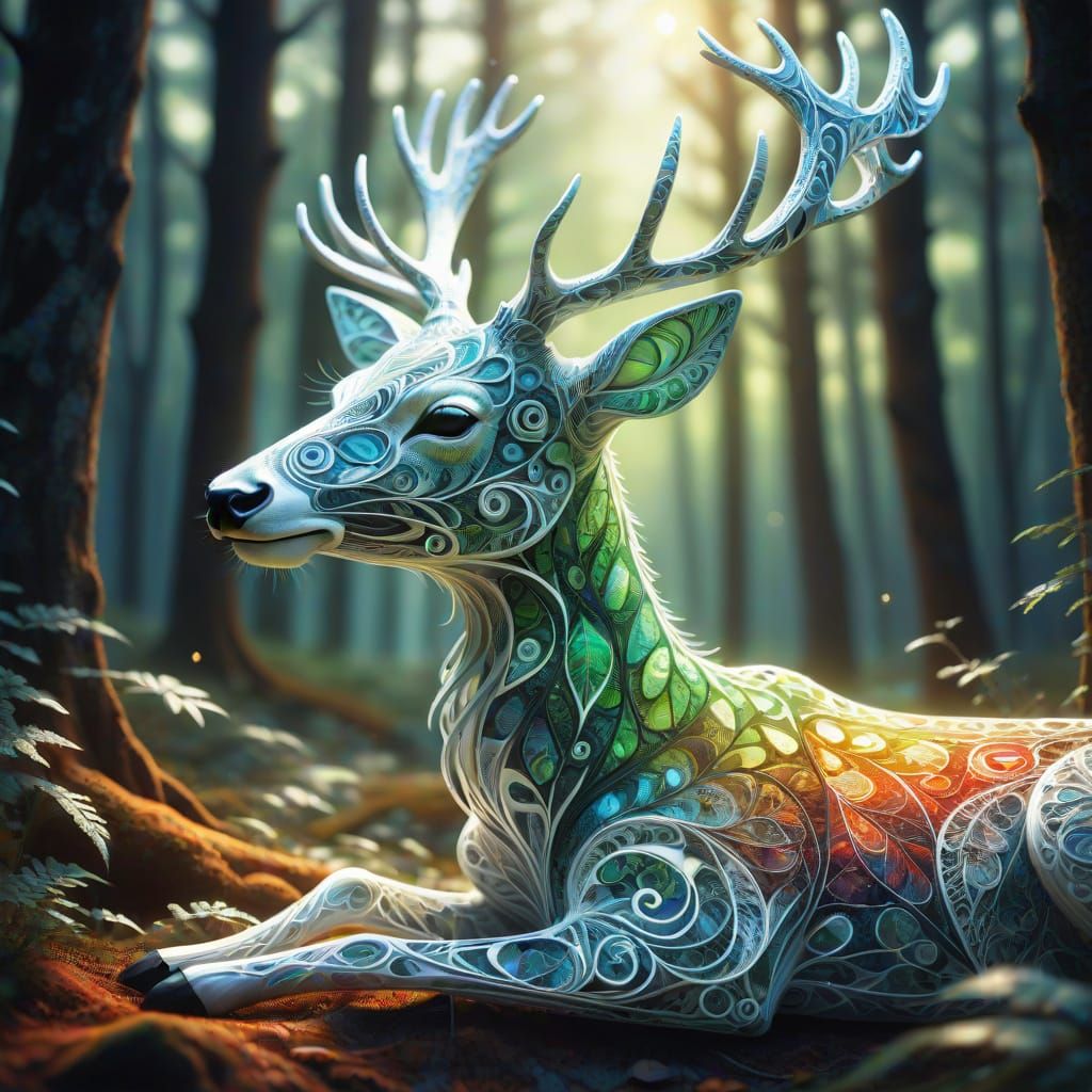 Mystical Deer in Forest with Zentangle Patterns