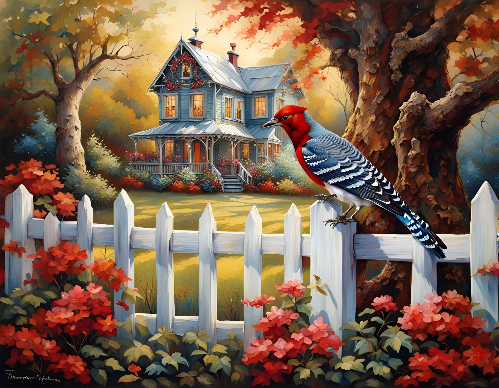 Red-Winged Woodpecker Perched on Tree, Folk Art Style