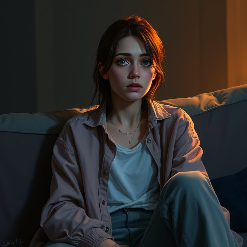 Worried Young Woman in Muted Digital Painting Style