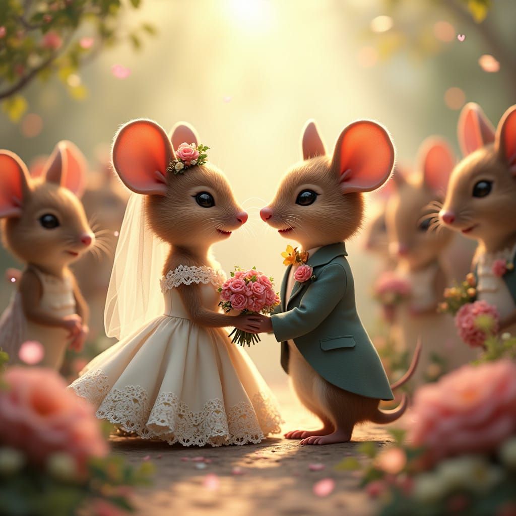 Whimsical Mouse Wedding Scene in Dreamlike Setting