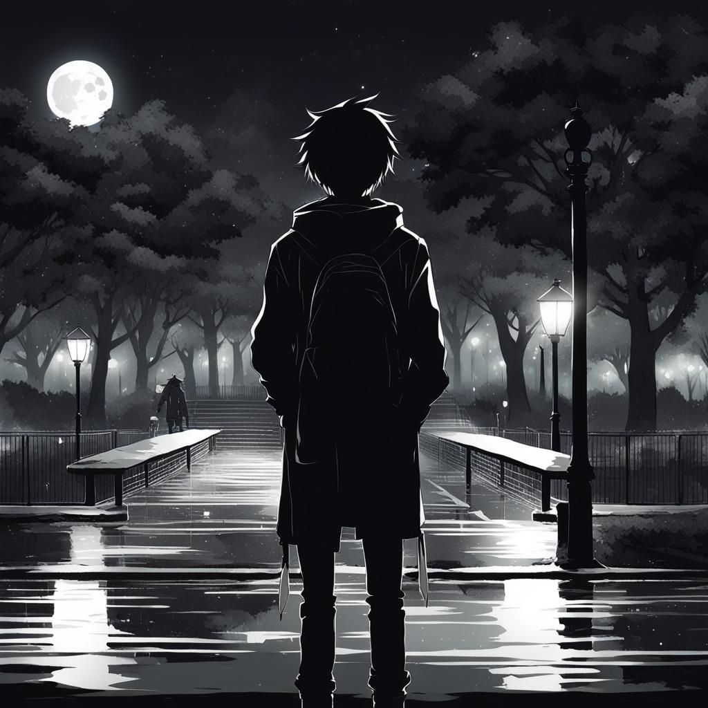 Anime Man in Dark Park Scene