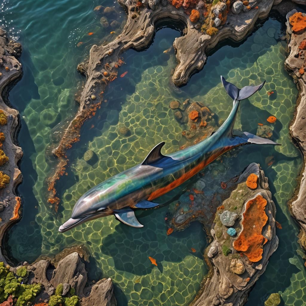 Carved Dolphin Swimming in Copper Sea-Wood Frame