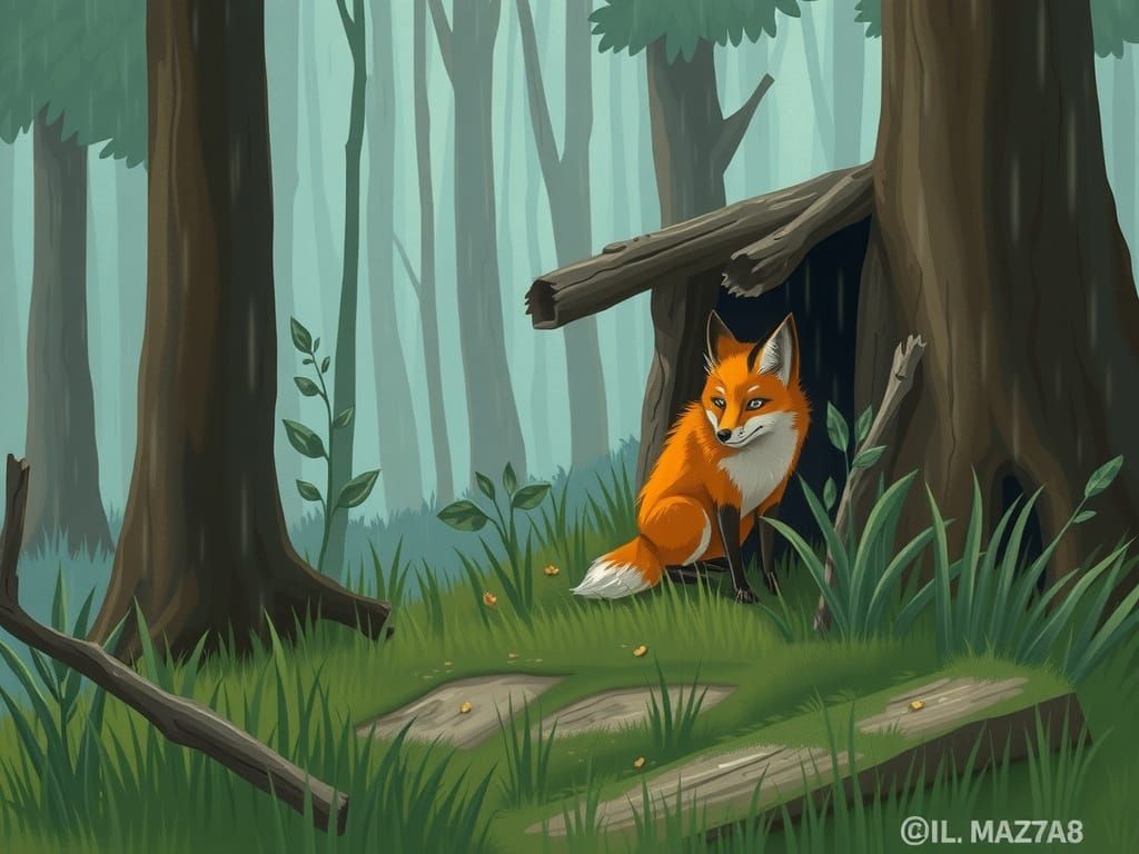 Fox Sheltering from Rain in Forest