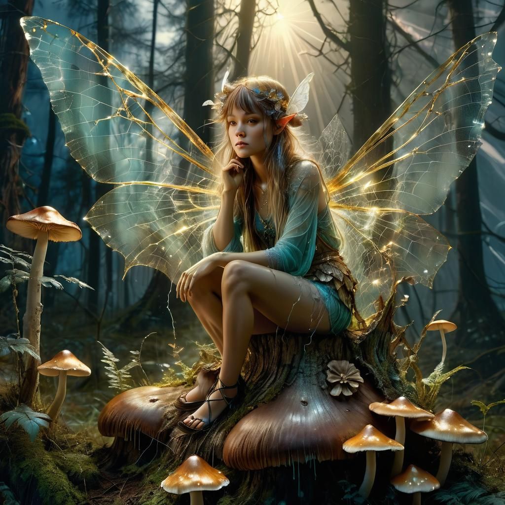 Winged Fairy on Mushroom with Lightning