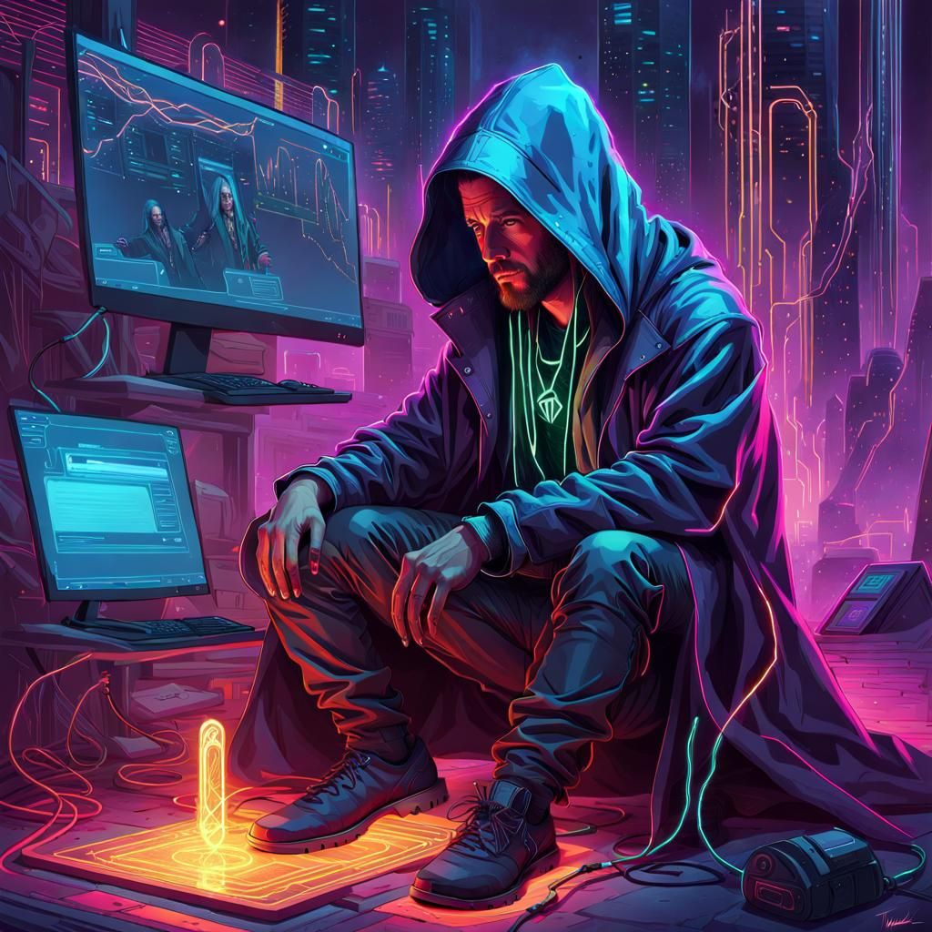 Cyberpunk Electromancer in Hooded Robe with Neon Wires