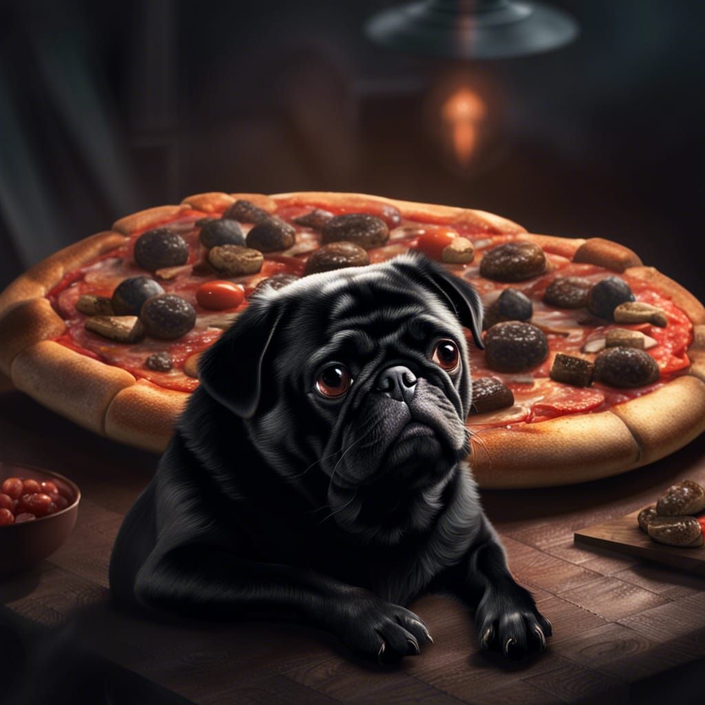 Black Pug Deep in Thought: Pizza Contemplation
