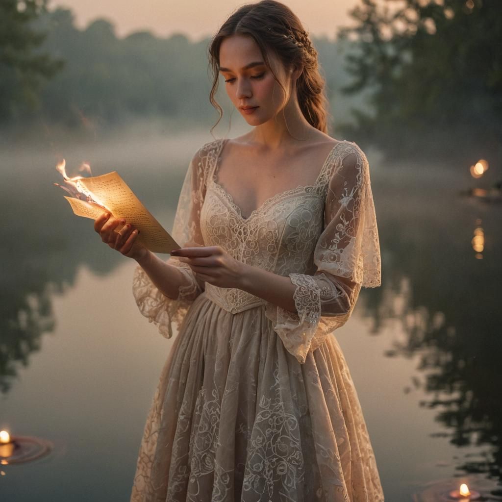 Woman with Burning Letters by Moonlit Lake