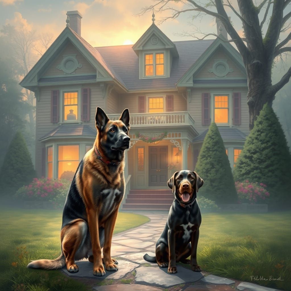 Belgian Malinois Outside Victorian House in Whimsical Fantas...