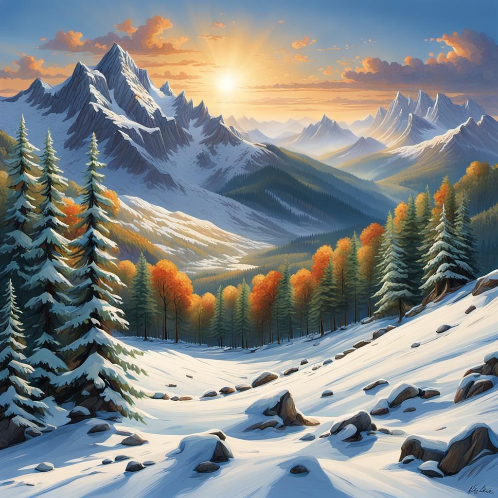 Magnificent Mountain Landscape Painting at Dawn