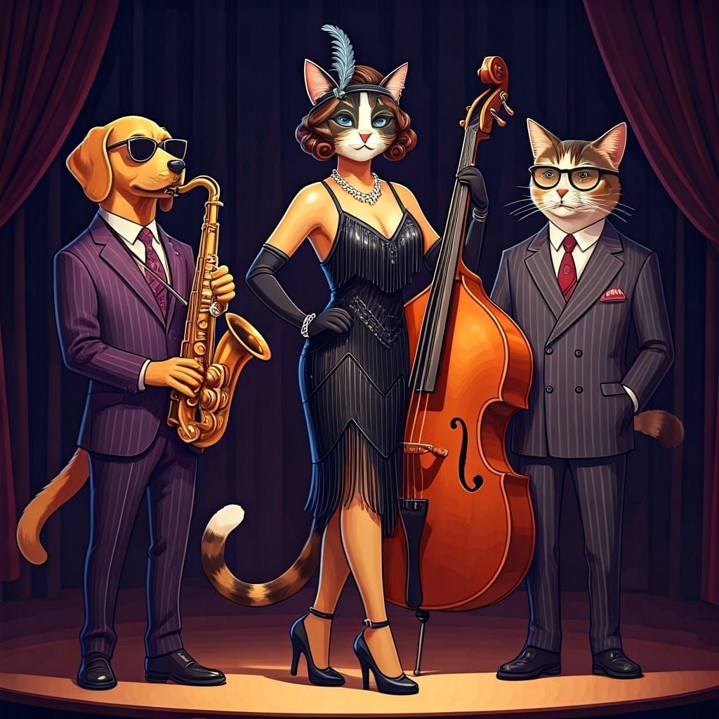 Flapper Cat and Jazz Band in Anime Style