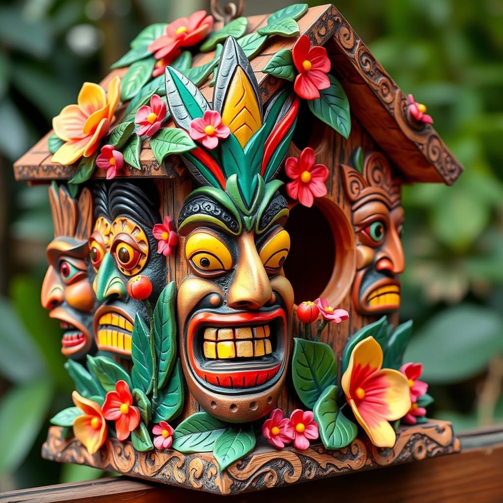 Whimsical Tiki Birdhouse with Tropical Carvings