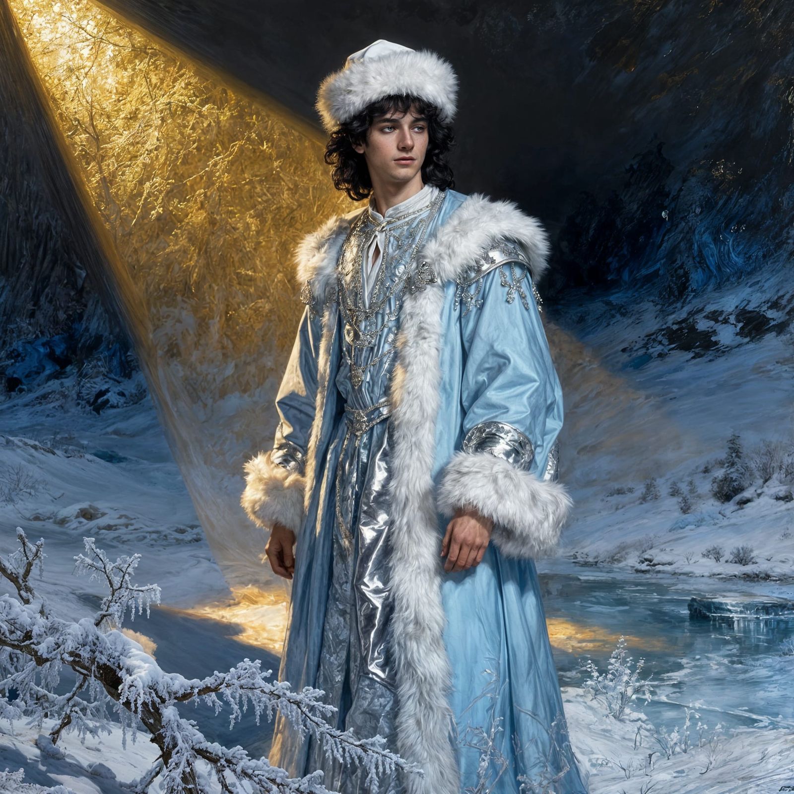 Young Man in Ornate Winter Robe, Painterly Oil Painting