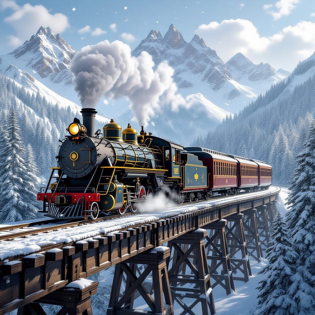 Vintage Steam Train on Snowy Trestle Bridge in Steampunk Sty...
