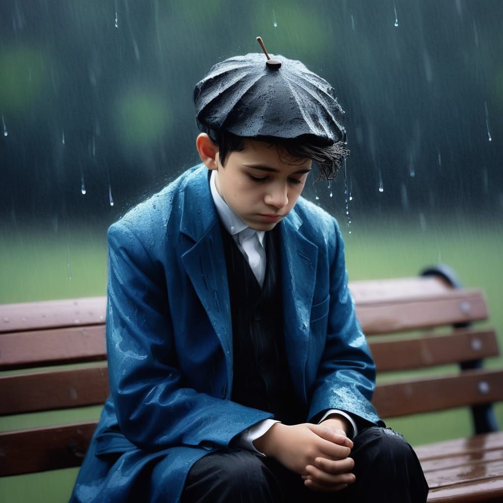 Moody Young Hasidic Boy in Rainy Day Impressionism